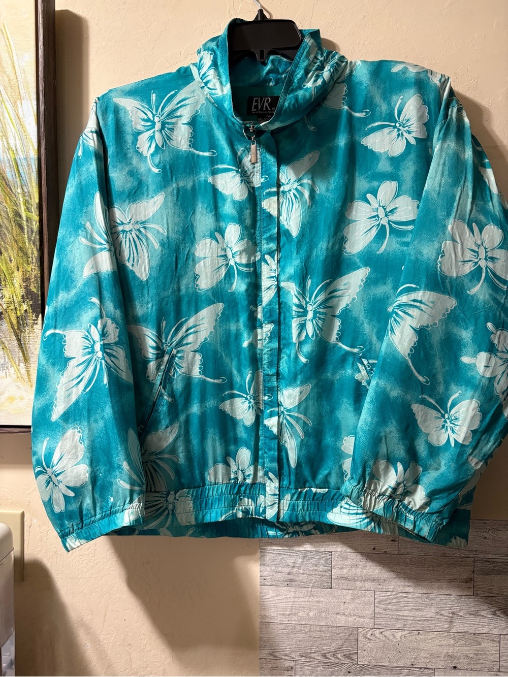 EVR Vintage Teal Butterfly Print Bomber Silk Jacket